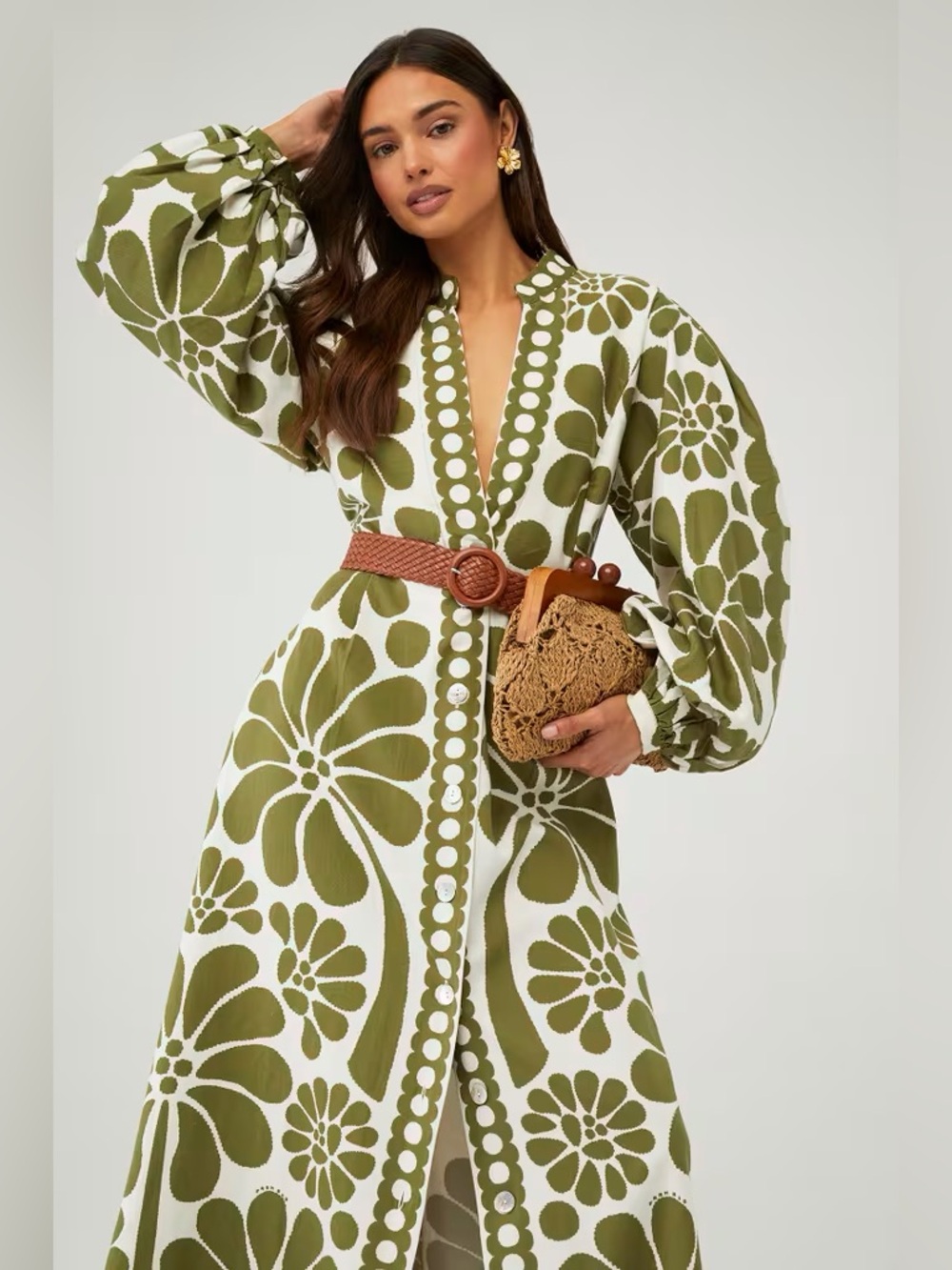 NWT - Farm Rio Green Palermo Buttoned Puff Sleeve Maxi Dress - size small - Picture 1 of 6
